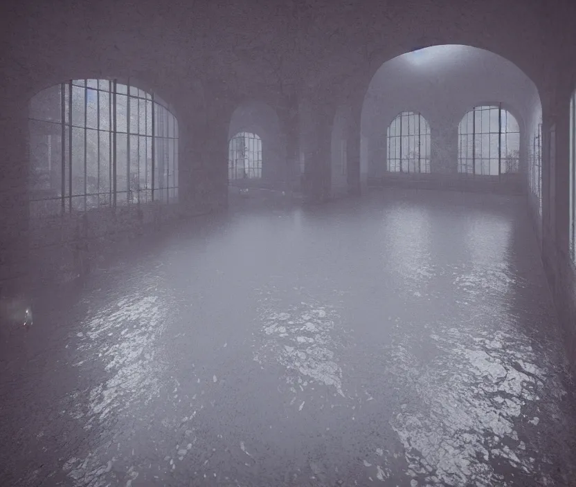 Image similar to tiled room squared waterway, aqueducts, gloomy and foggy atmosphere, octane render, artstation trending, horror scene, volumetric lighting, highly detailded