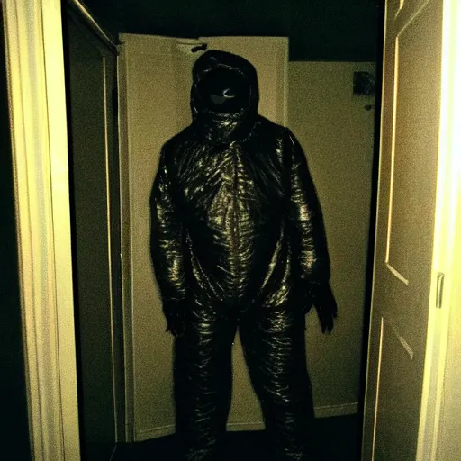 Prompt: grainy photo of a person in a hazard suit as a creepy monster in a closet, harsh flash