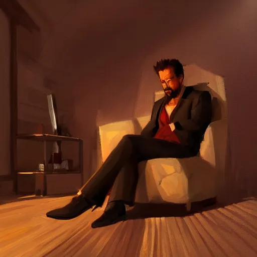 Image similar to concept art of tony stark sitting in an armchair in a room with the setting sun, cinematic shot, painting by jama jurabaev, extremely detailed, brush hard, artstation, high quality, brush stroke