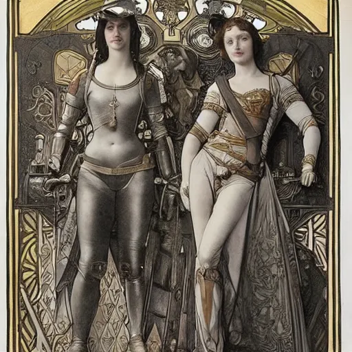 Prompt: engraving full figure portrait of natalie portman and scarlet johansson, with robots guards, in medieval armoury, painted by alphonse mucha, albrecht durer, jean delville, alphonse mucha, jan van eyck, da vinci.