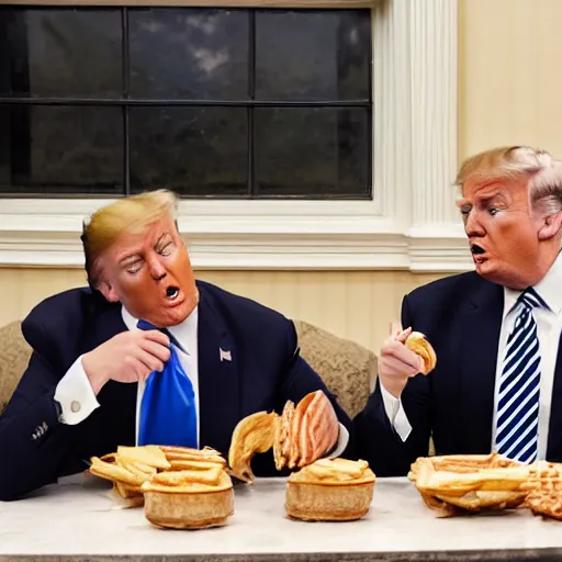 Image similar to photograph of trump and Biden sitting and eating breakfast at a Wafflehouse