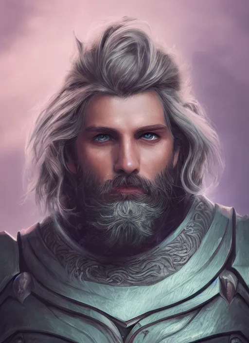 Image similar to an epic fantastic realism comic book style portrait painting of an aasimar paladin, male, shaggy silver hair, scruffy brown beard, d & d concept art, unreal 5, daz, teal aesthetic, octane render, cosplay, rpg portrait, dynamic lighting
