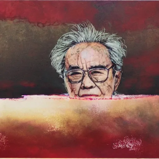 Image similar to yoshitaka amano's famous and beautiful painting of jean baudrillard in the oceanspray cranberry commercial