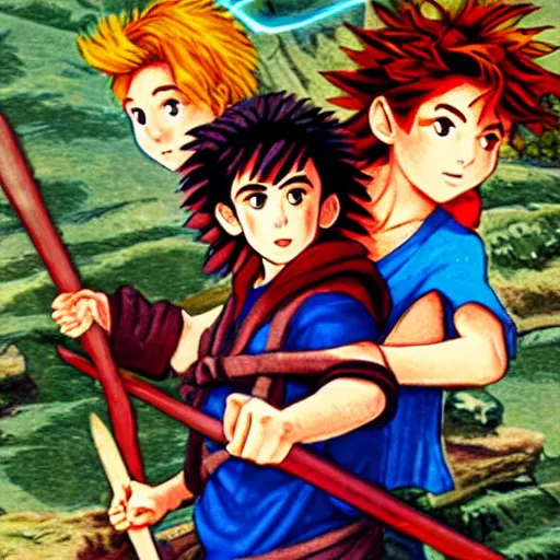 Image similar to 11-year-old boy with crazy hair holding scimitar, boy going on adventure, Nintendo Famicom boxart, 1987 video game boxart