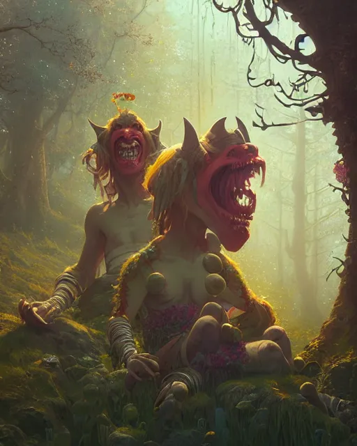 Image similar to highly detailed surreal vfx portrait of a happy orcs in a fairytale world, stephen bliss, unreal engine, greg rutkowski, loish, rhads, beeple, makoto shinkai and lois van baarle, ilya kuvshinov, rossdraws, tom bagshaw, alphonse mucha, global illumination, detailed and intricate environment