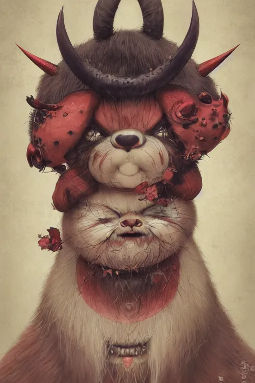 Image similar to a portrait of a cute japanese devil animal illustrated by miyazaki by karol bak, james jean, tom bagshaw, rococo, sharp focus, trending on artstation, cinematic lighting, hyper realism, octane render, 8 k, hyper detailed, vivid, ultra detailed, highly detailed