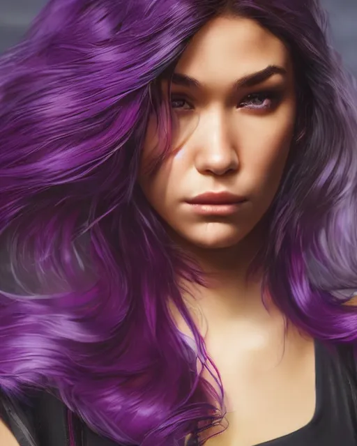 Prompt: madison beer with purple - hair sweaty flowing hair, by marvel trading card, greg rutkowski, wlop, unreal engine, 4 k, hdr