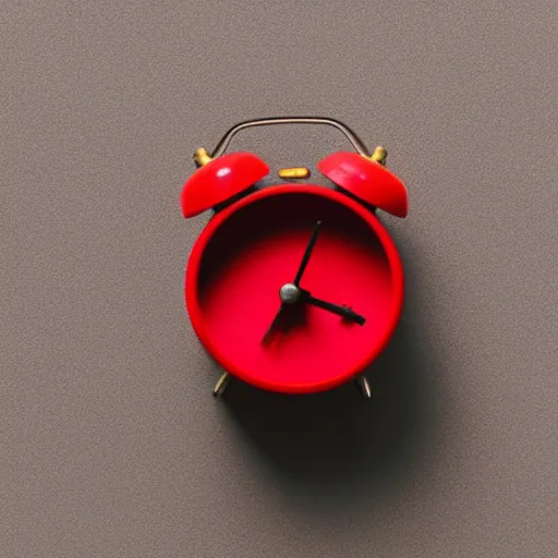 Image similar to Very tiny red alarm clock that looks like the iOS emoji and has the same colors, 3D clay render, 4k UHD, white background, isometric top down left view, diffuse lighting, zoomed out very far