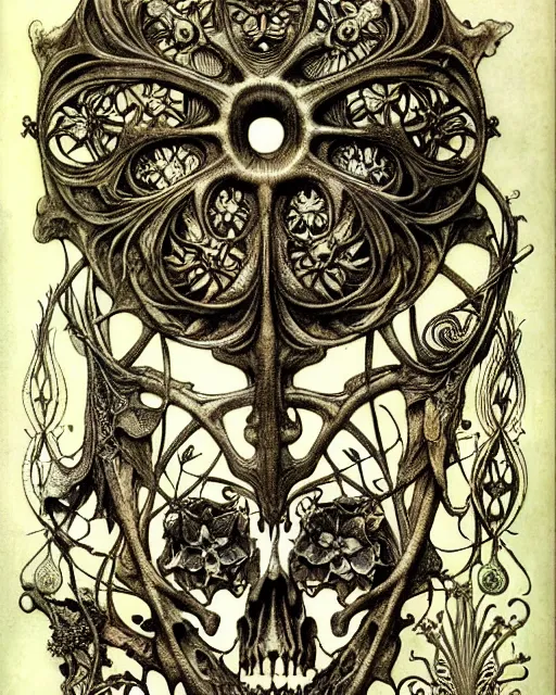 Image similar to memento mori by arthur rackham, art forms of nature by ernst haeckel, exquisitely detailed, art nouveau, gothic, ornately carved beautiful skull dominant, intricately carved antique bone, art nouveau botanicals, ornamental bone carvings, art forms of nature by ernst haeckel, horizontal symmetry, arthur rackham, ernst haeckel, symbolist, visionary