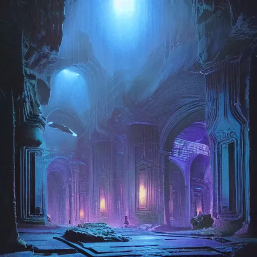 Image similar to a beautiful painting of a dimly lit dark cavernous temple with blue and purple sources of light by bruce pennington, trending on artstation