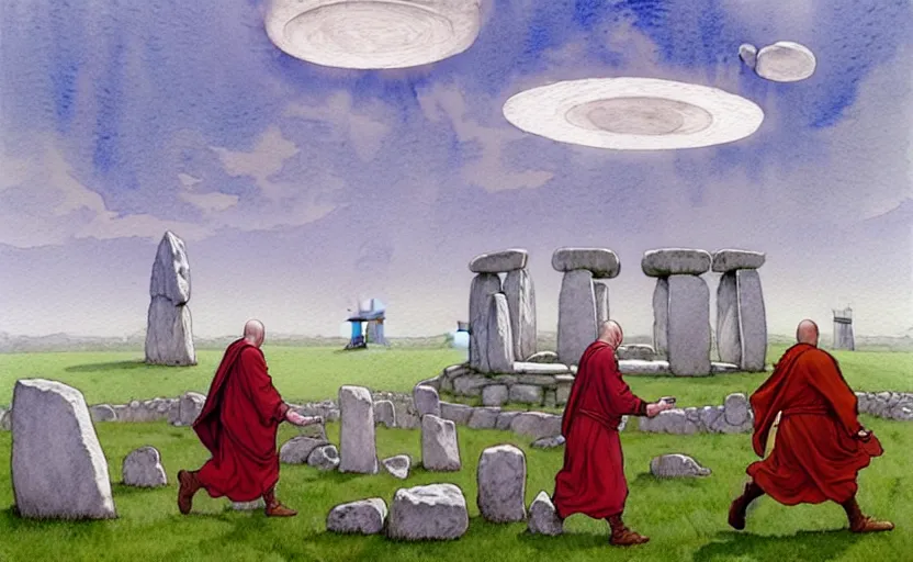 Image similar to a hyperrealist watercolour character concept art portrait of small grey medieval monks with floating stones in the air in front of a complete stonehenge monument on a misty night. a ufo is in the sky. by rebecca guay, michael kaluta, charles vess and jean moebius giraud