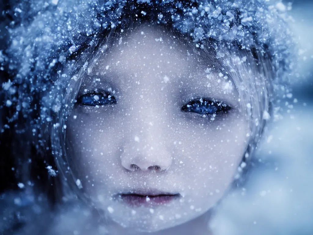 Image similar to the piercing blue eyed stare of yuki onna, mythology, freezing blue skin, mountain blizzard and snow, canon eos r 6, bokeh, outline glow, asymmetric unnatural beauty, blue skin, centered, rule of thirds