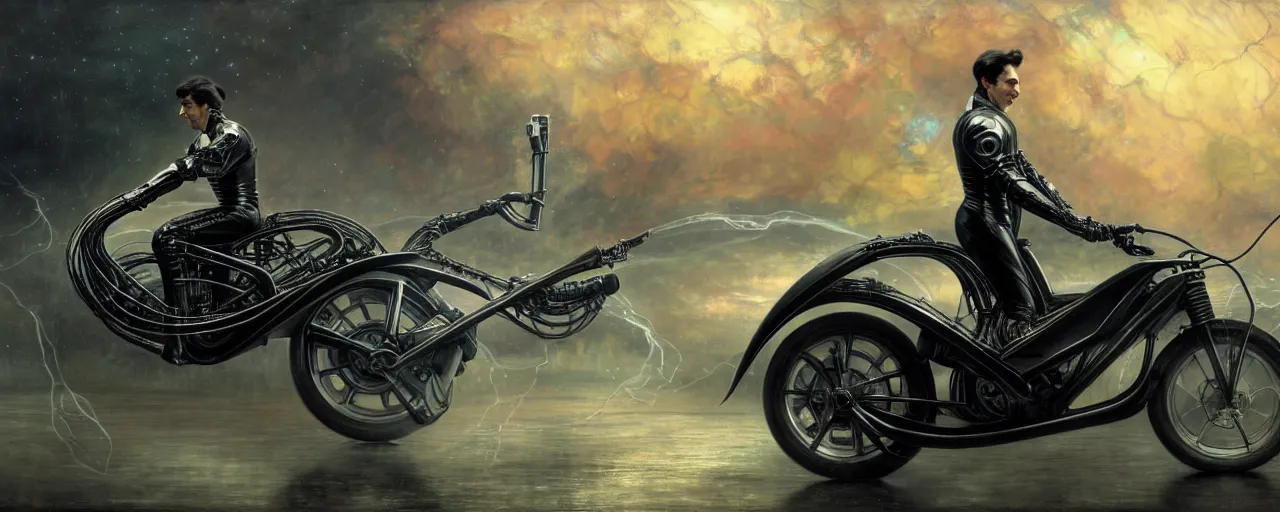 Prompt: nikola tesla riding a futuristic motorbike designed by h. r. giger, rule of thirds, uhd 8 k, high detail, masterpiece, cinematic, bokeh, hyperdetailed, photorealistic, hyperrealism, intricate, by stanley artgerm lau, greg rutkowski, thomas kindkade, alphonse mucha, loish, norman rockwell