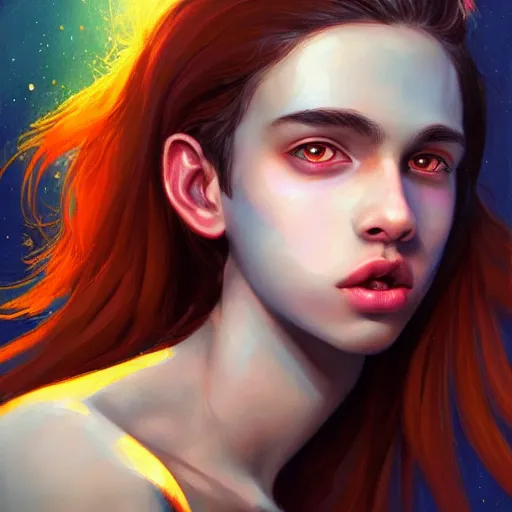 Image similar to colorful and festive captivating teenager with straight brown hair covering his eye, dark skin, big lips, big eyes, wearing a red t - shirt. rich vivid colors, ambient lighting, dynamic lighting, 4 k, atmospheric lighting, painted, intricate, highly detailed by charlie bowater