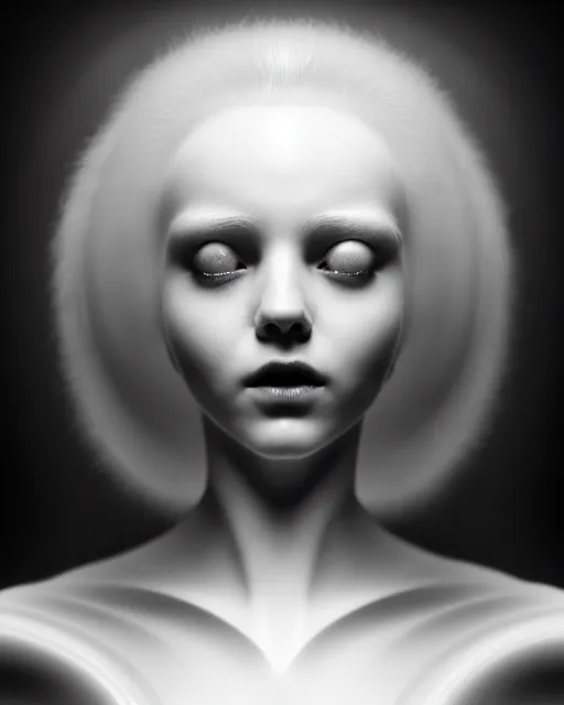 Image similar to monochrome, delicate, dreamy, feminine, subsurface scattering, white, young beautiful robot - cyborg in cosmos long white hair floating in air, fluid smoke art, black and white, octane render, dino valls, mark ryden, joe fenton, michal karcz, highly detailed, rim light, art, cinematic lighting, hyper realism, 8 k