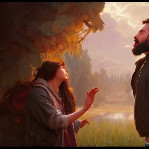 Image similar to bearded man is yelling at a teenage girl, highly detailed, professional digital painting, unreal engine 5, photorealism, hd quality, 8 k resolution, cinema 4 d, 3 d, cinematic, art by artgerm and greg rutkowski and alphonse mucha and loish and wlop