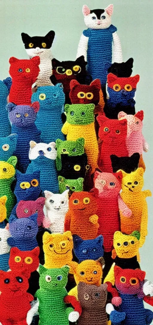 Image similar to multicolored crocheted cyborg cats, 1 9 8 0 s catalogue photo