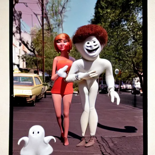 Image similar to 1976 color archival photo of a woman and a puppet that looks like Caspar the Friendly Ghost, in a sidewalk cafe, 16mm film soft color, earth tones and soft color 1976, archival footage, in style of doris wishman russ meyer, woman looks like gilda radner