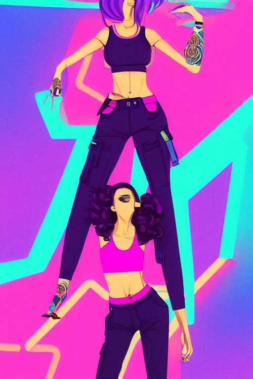 Image similar to a award winning half body porttrait of a beautiful woman in a croptop and cargo pants with ombre purple pink teal hairstyle with head in motion and hair flying, outrun, vaporware, shaded flat illustration, digital art, trending on artstation, highly detailed, fine detail, intricate