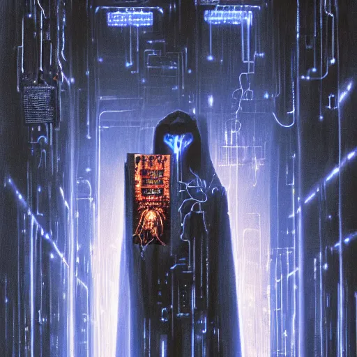 Prompt: painting of a cloaked tech priest holding a book, cybernetic enhancements attached to his body, covered in wiring, Zdzislaw Beksinski, Lewis Jones, Warhammer 40K!!, darksynth, cyberpunk art, cold hue's, cold tone gradient background, concept art, digital painting