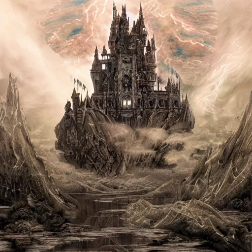 Image similar to a gigantic tall upside-down surreal elaborate inverted dark gothic stone castle descending from the clouds above a lake at midnight, illustration by Ayami Kojima, dramatic lighting, concept art, hyperdetailed, 4k