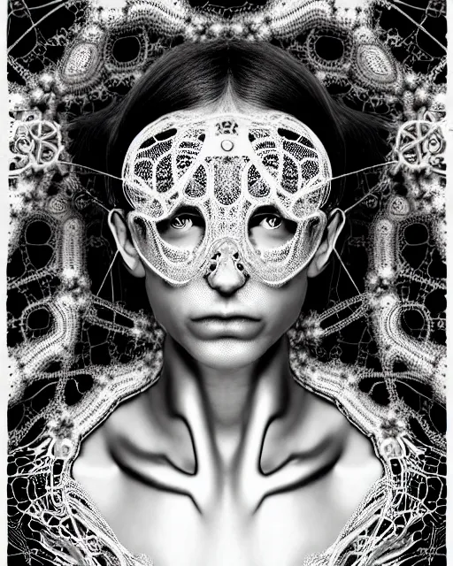 Image similar to surreal black and white photo portrait of complex biomechanical young female cyborg with a mandelbrot fractal metal fine lace face, silver hair, 150 mm lens, soft rim light, fine metal floral foliage super big lace collar, Alexander McQueen, high fashion, haute couture, rococo, steampunk, silver filigree details, anatomical, facial muscles, cable wires, microchip, elegant, hyper realistic, octane render, unreal engine, by Man Ray and Dora Maar, volumetric lighting, 8k,