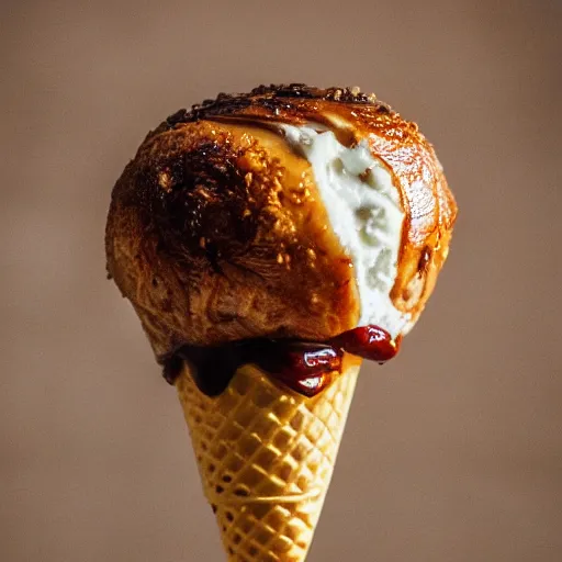 Image similar to a photograph of an ice cream cone growing out of a roast turkey like a mushroom. Shallow depth-of-field