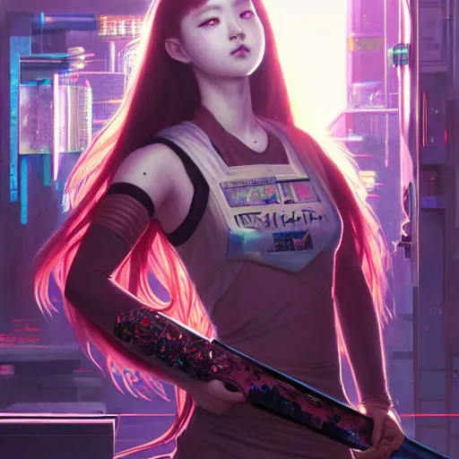 Prompt: painting of cyberpunk chuu loona kpop smiling cheerfully and fixing her black katana, ultra realistic, concept art, intricate details, eerie, highly detailed, photorealistic, octane render, 8 k, unreal engine. art by artgerm and greg rutkowski and magali villeneuve and alphonse mucha