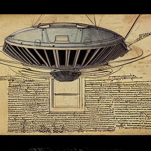 Prompt: vintage, detailed, colored sketch of ufo construction, all parts, with full descriptions, on parchment, by leonardo davinci!