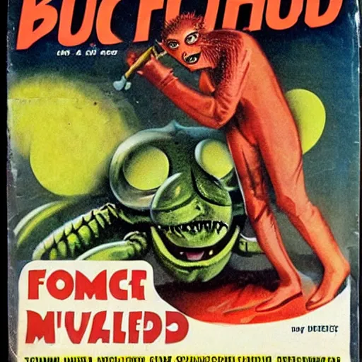 Image similar to cover of pulp science fiction magazine from 1950s showing attack of bug eyed monsters