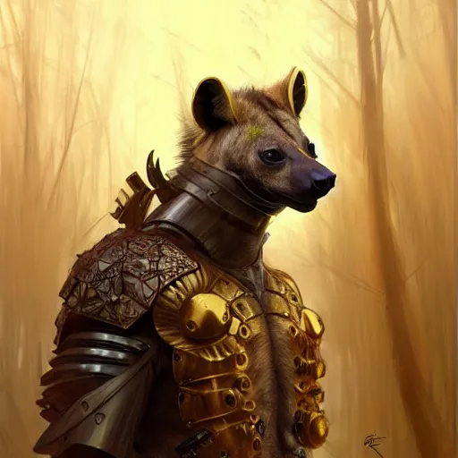 Prompt: photo of a humanoid hyena were a heroic armour an gold helmet in the forest, long hair, highly detailed, digital painting, artstation, smooth, sharp focus, illustration, art by artgerm and greg rutkowski and alphonse mucha