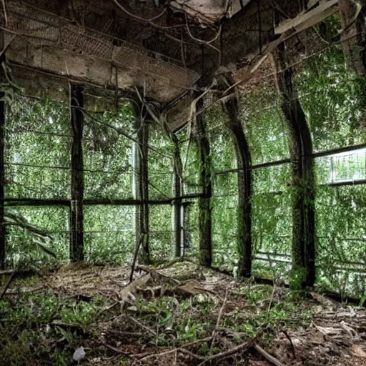 Image similar to abandoned, overgrown, bomb shelter jungle room with trees.