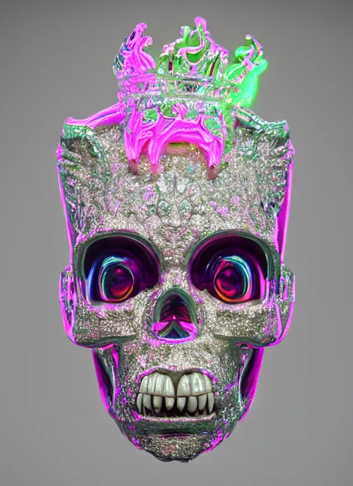 Prompt: photo of baroque and bladerunner delicate neon diamond sculpture of ceramic seductive albino prince oscar isaac delicious tongue sticking out, creamy pink iridescent humanoid deity wearing red furry hoody holding diamond skull in a green metallic dungeon, reclining, glowing rainbow face, crown of white diamonds, cinematic lighting, photorealistic, octane render 8 k depth of field 3 d