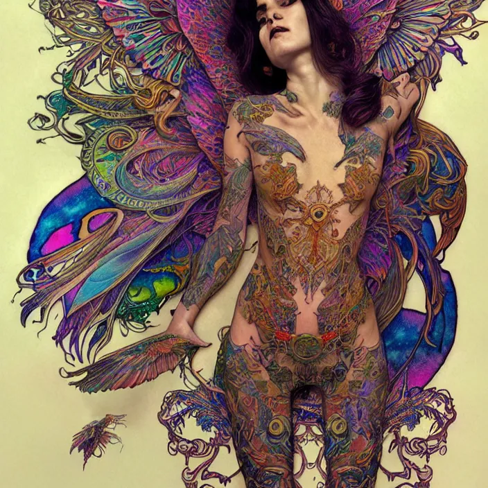 Image similar to extremely psychedelic tattoo design made of wings, LSD tattoo design, diffuse lighting, fantasy, intricate, elegant, highly detailed, lifelike, photorealistic, digital painting, artstation, illustration, concept art, smooth, sharp focus, art by John Collier and Albert Aublet and Krenz Cushart and Artem Demura and Alphonse Mucha