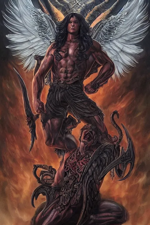 Image similar to Sam Winchester as a muscular angel with demon wings wide open, whole body tattooed with runes and satanic symbols, urban fantasy romance book cover, D&D!, fantasy style, sharp focus!, ultra detailed, art by Artgerm and Peter Andrew Jones, WLUP