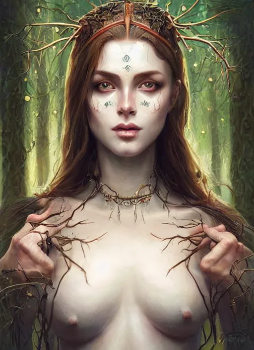 Prompt: a highly detailed symmetrical painting of a female druie with piercing beautiful eyes in forest meadow, dynamic lighting, ambient lighting, trending on artstation, art by artgerm and karol bak and mark brooks