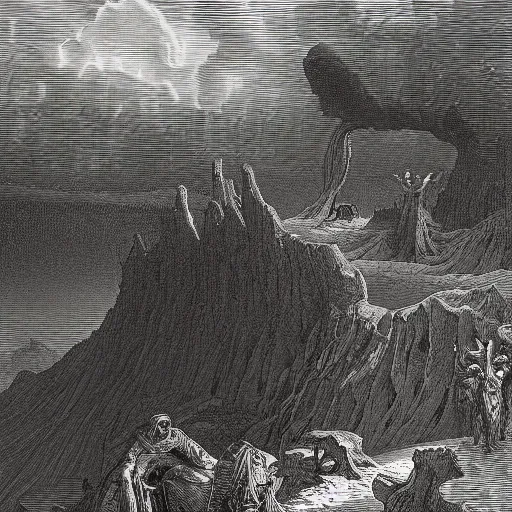 Image similar to a bleak dystopian world, divided down the middle by gustave dore, vivid synthwave colours