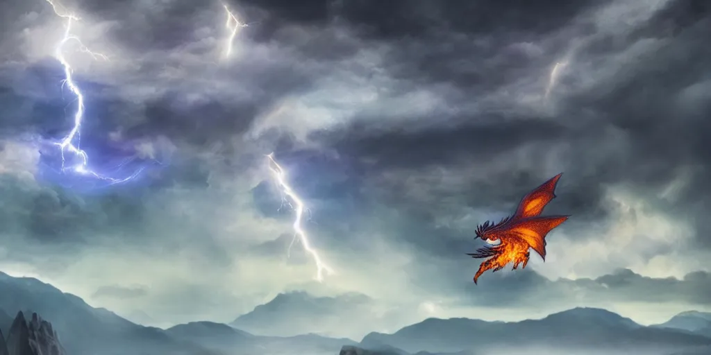 Prompt: a powerful flying fire Dragon spitting fire fighting against a strong Wizard which spells lightning strikes in the foreground, big Mountains and wide forrests are in the Background, stormy weather at night ,cinematic Style, hyperrealistic
