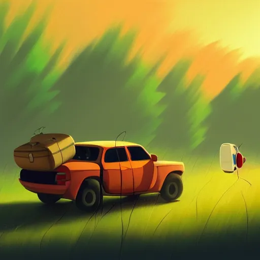 Image similar to goro fujita ilustration rear view of a car equipped with suitcases heading to the forest at sunset, painting by goro fujita, sharp focus, highly detailed, artstation