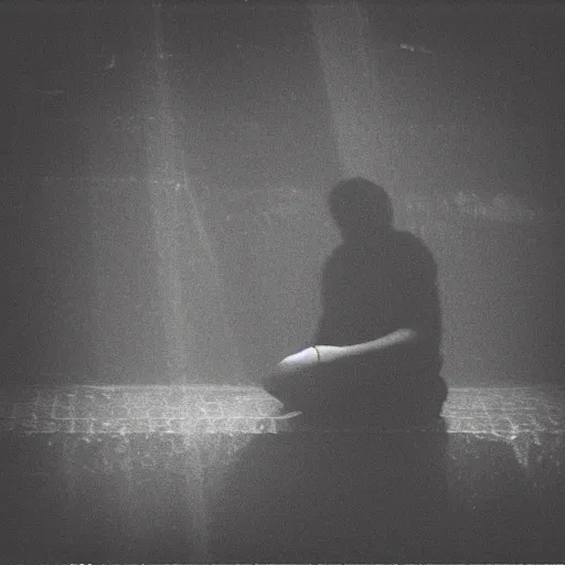 Prompt: a picture of a shadowy figure sitting on pavement deep underwater, godrays, black-and-white, 35mm