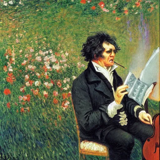 Image similar to beethoven smoking weed, conducting symphony by monet and peter bruegel