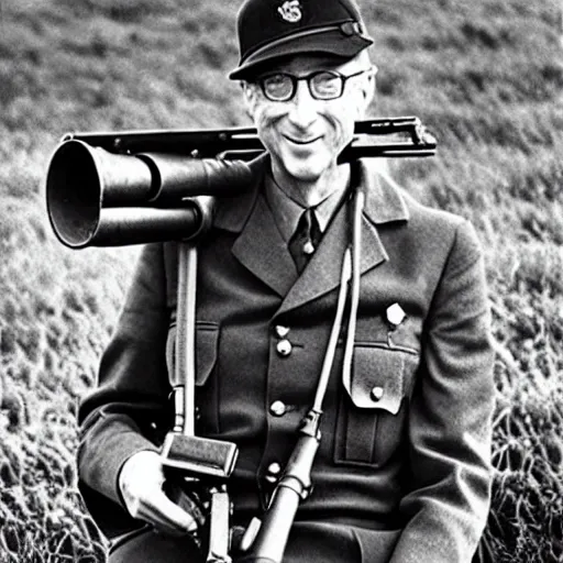 Image similar to old wartime photograph of bill gates holding a lewis gun, 1 9 1 7