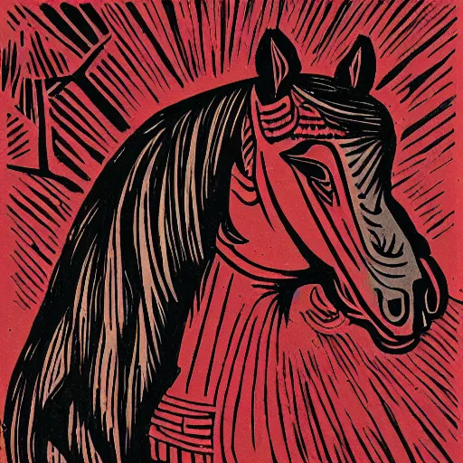 Prompt: offerings for the horse goddess, woodcut print