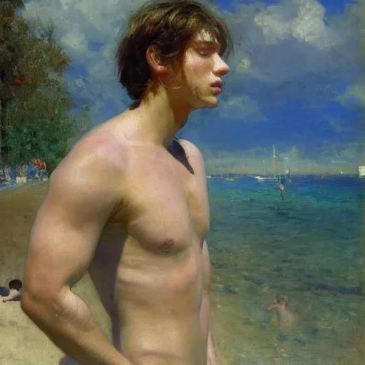 Prompt: a lean young brown haired man in a swimsuit at a water park. By Ilya Repin and Ruan Jia. Masterpiece
