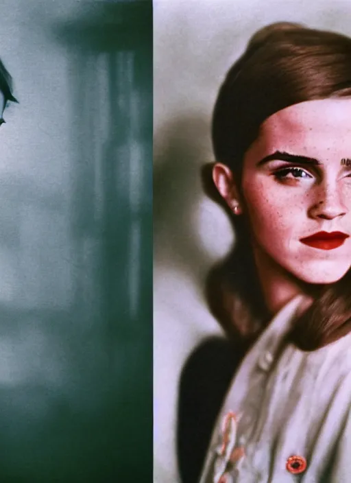 Image similar to Retro color photography 1930s portrait of Emma Watson Cinestill 800T, 1/2 pro mist filter, and 65mm 1.5x anamorphic lens