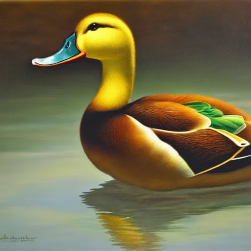 Prompt: a duck on the prowl oil painting john armleder