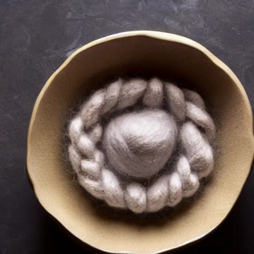 Image similar to a bowl of cereal made out of wool