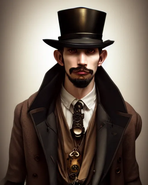 Prompt: steampunk male portrait, handsome, steampunk hat, detective coat, steampunk monocle, hyper realistic 3 d render by ilya kuvshinov, peter mohrbacher, greg rutkowski, ryohei hase, dramatic lighting, intricate, highly detailed, sharp focus, luminous, unreal engine, blender, deviant art, masterpiece, ray tracing