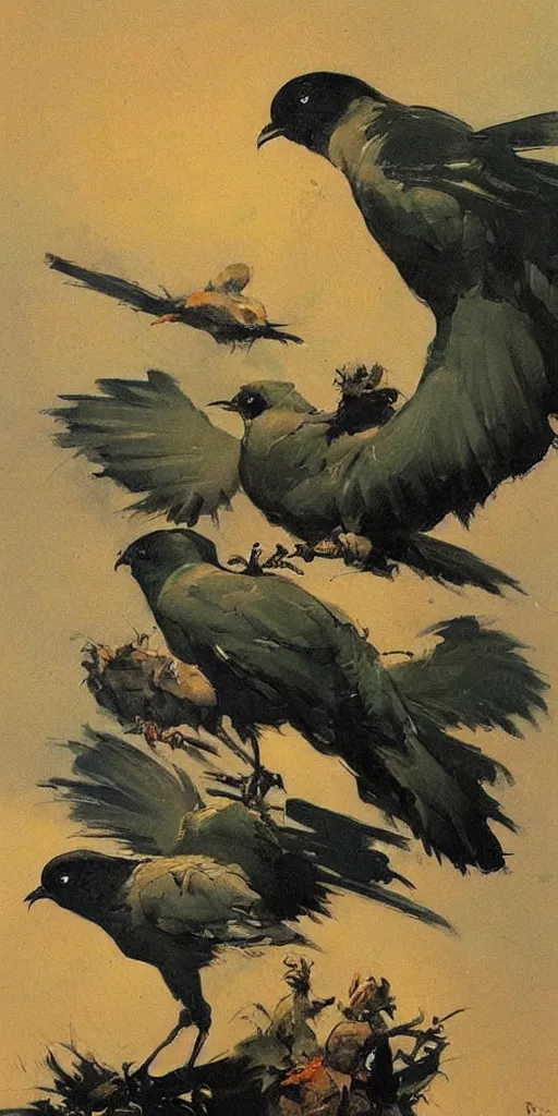 Prompt: painting, frank frazetta, birds