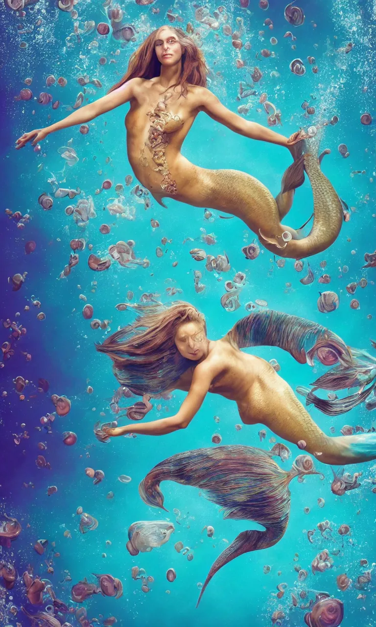 Prompt: surrealistic mermaid, half fish half woman , woman with fish head, diving in the air rounded by jelly clouds made by national geographic underwater photographer 4k, 8k,